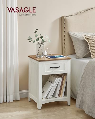 VASAGLE Farmhouse Nightstands with Charging Station, Set of 2, Bedside Tables with Drawer, Open Compartment, Side Tables with Storage, for Bedroom, Rustic White and Honey Brown ULET859K41 - WoodArtSupply