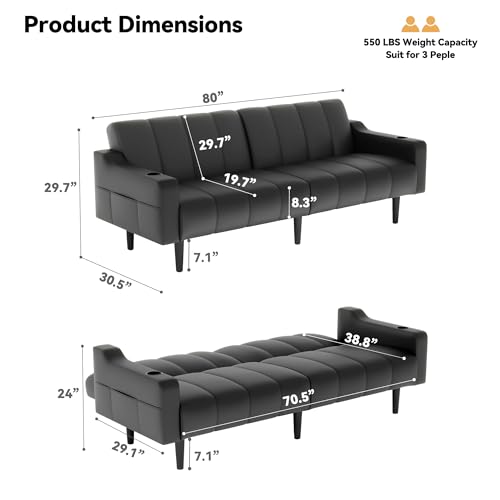 Chfeloai 80'' Futon Sofa Bed,Faux Leather Futon Sleeper Sofa, Convertible Loveseat with Adjustable Sofa Backrest,Modern Couches for Living Room, Bedroom, Apartment, Office (Black) Chfeloai