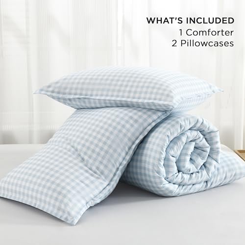 Andency Light Blue Gingham Comforter Set Full(79x90Inch), Checkered Grid Plaid Buffalo Bed Set for Girls Boys Kids Teens, 3 Pieces Lightweight Microfiber Geometric Preppy Bedding Andency
