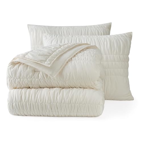UGG Full/Queen Quilt Set - 3pc Bed Spread with 2 Pillow Shams, All Season Luxury Bedding, Lightweight Quilted Soft Textured Comforter, Cozy Coastal Queen Quilt Set, Beige Snow (Tide Devon) UGG