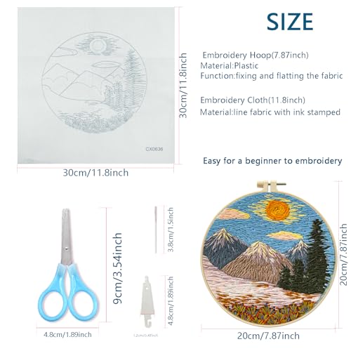 Zhenqing Mountain Sunrise Embroidery Kit - 29x29cm Printed Fabric, Hoop & Full Tools for Beginners(S-CX0636)