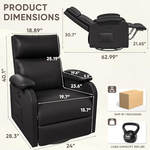 Homall Recliner Chair, 360 Swivel Rocking Chair for Adults, Massage Nursery Chair with Adjustable Backrest and Footrest, PU Leather Glider Rocker Recliners with Side Pocket for Living Room (Black) Homall