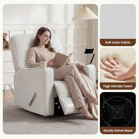 360° Swivel Rocker Recliner Chair with Adjustable Footrest, Rocking Chair Nursery with Phone Stand & Cup Holder,Manual Nursing Chair Glider Recliner Armchair for Adults, Living Room (Beige) FiveWillowise