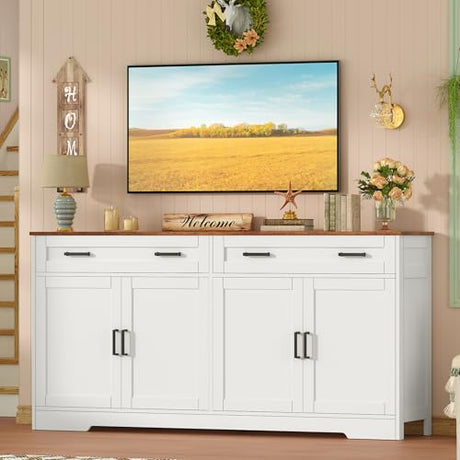 usikey Buffet Cabinet with Storage and Drawers, 55" Large Sideboard Buffet Cabinet with Adjustable Shelves and Doors, Modern Coffee Bar for Kitchen, Living Room, White usikey