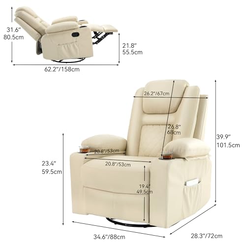 YITAHOME Recliner Chair,PU Rocking Chair for Adults,Swivel Recliner with Cup Holders,Heat and Massage,Single Sofa Seat with Side Pockets for Living Room/Bedroom,White YITAHOME