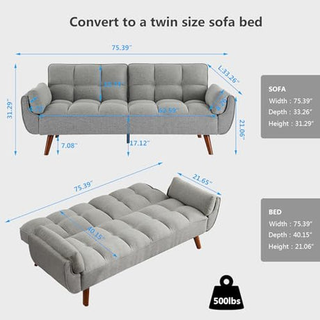 Betoko Convertible Futon Sofa Bed Sleeper Twin Size, Modern Reclining Linen Split Back Sofa Couch with Pillow Top Arm for Compact Living Room,Apartment (Grey) Betoko