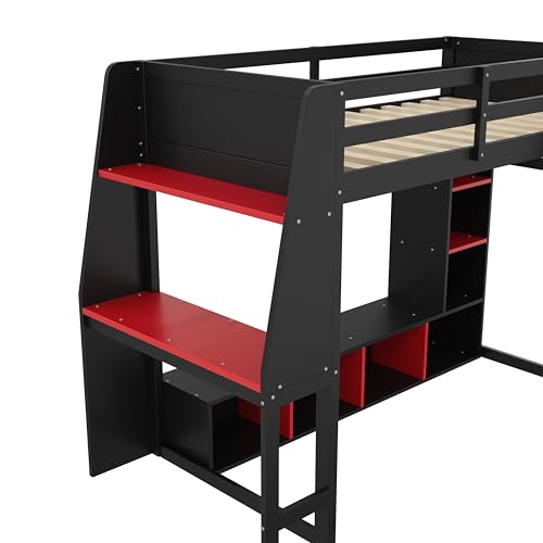 SOFTSEA Twin Size Gaming Loft Bed with Desk, Solid Wood Loft Bed with Wardrobe and Storage Shelves, Gaming Loft Bed Frame with LED Lights for Kids Teens Adults, Black & Red SOFTSEA