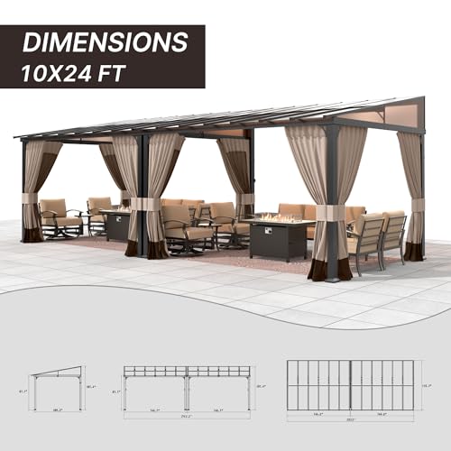 Gotland 10' x 24' Wall-Mounted Hardtop Pergola Gazebo on Clearance, Outdoor Patio Lean-to Canopy Awning for Deck, Porch, Backyard, and More，Khaki