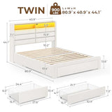 Seventable Twin Size Bed Frame with 3 Storage Drawers & Charging Station, Upholstered Platform Bed with Storage Headboard and LED Light, No Box Spring Needed, Noise Free, Easy Assembly, Cream White Seventable