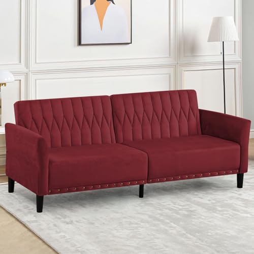 Lesofair 77” Velvet Sofa Bed with Adjustable Armrests and Backrests,Tufted Convertible Futon Couch with Nailhead Trim, Loveseat Modern Velvet Sleeper Sofa for Living Room,Bedroom,Office, Red Lesofair