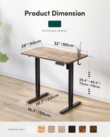CubiCubi 32 x 20 Inches Small One-Piece Standing Desk, Adjustable Height Electric Computer Sit Stand up Home Office Workstation, with 4 Memory Presets, Headphone Hook, Vintage CubiCubi