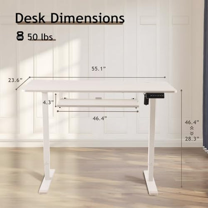 NICECOZY Electric Standing Desk Adjustable Height,Stand Up Desk for Home Office,55x24 Inches Standing Computer Desk with Keyboard Tray and Headphone Hook,White - WoodArtSupply