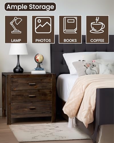 Karl home Farmhouse Nightstand with Charging Station, Solid Pine Wood 3 Drawer Night Stands for Bedroom, Bedside Table with 2 USB Ports & 2 AC Outlets, Vintage End Tables, Brown Karl home