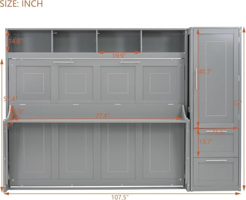 Virubi Full Horizontal Murphy Bed with Storage Wardrobe Closet,2 Drawer,4 Storage Shelves,Wood Folding Murphy Wall Bed Cabinet for Adult (Grey) Virubi
