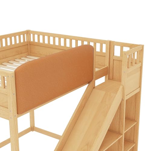 Bellemave Bunk beds Full Over Full with Slide and Stair and upholstered headboard, Low bunk/loft Bed for Kids，Natural Bellemave