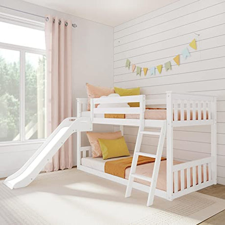 Max & Lily Solid Wood Twin Over Twin Size Low Bunk Beds for Kids with Slide and Ladder, 400 lbs Weight Capacity, 14" Safety Guardrail, Anti-Slip Steps, White Max & Lily