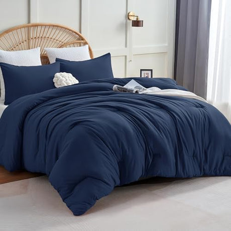 CozyLux Navy Blue Queen Comforter Set, 3 Pieces Solid Breathable Quilted Style Bedding Sets, Luxury Fluffy Soft Bed Set with Down Alternative Comforter for All Season (1 Comforter & 2 Pillowcases) CozyLux