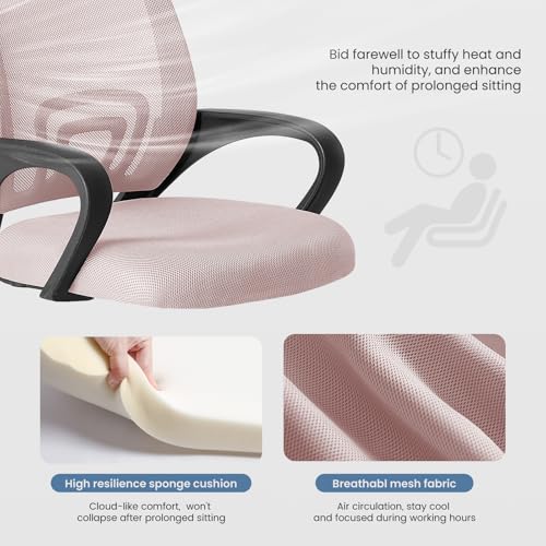 DUMOS Office Desk Chair - Ergonomic Mid Back with Lumbar Support & Rocking Mode, Height Adjustable with Fixed Armrest, Storage Back for Computer, Gaming, Conference, Meeting Room, 360° Swivel, Pink DUMOS