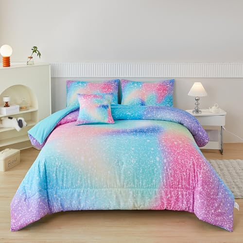 PERFEMET Pink Green Girls Twin Comforter Set, 6 Pieces Colorful Rainbow Kids Bedding Sets, Tie Dye Ombre Glitter Bed in A Bag Comforter Set with Sheets PERFEMET