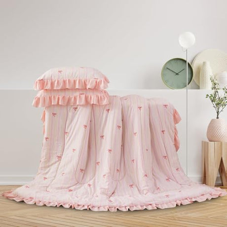 A Nice Night Rainbow Stripes & Bows Bedding Set,Ruffle 6 Piece Bed in a Bag Matching Sheet Set,Princess Style Chic Bow Printed,Light Pink Room Decor for Girls,Twin A Nice Night
