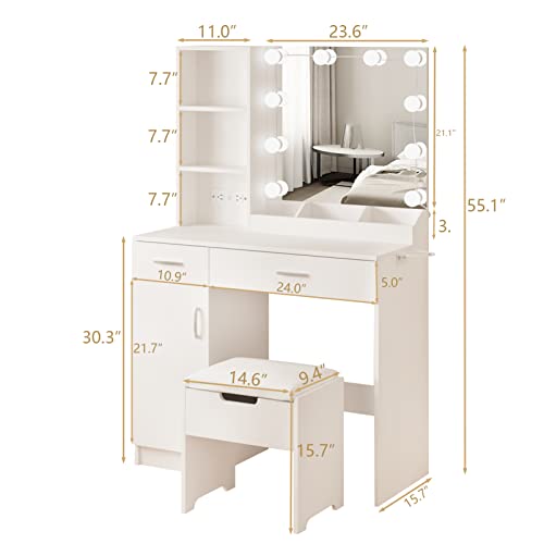 Fameill Makeup Vanity Desk with Lighted Mirror & Power Strip,White Vanity Table Set with Lights and Lots Storage,2 Drawer Makeup Table,3 Lighting Colors,35.4in(L) - WoodArtSupply