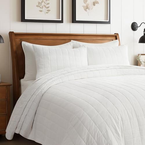 EVERGRACEHOME 100% Cotton Box Stitch Quilt Bedding Set King Size 3 Pieces, Garment-Washed Lightweight Soft Cozy Coverlet, Oversized Quilted Bedspread Sets with 2 Shams for All Season, Bright White EVERGRACEHOME