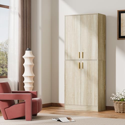 Cozy Castle Kitchen Pantry Cabinet, 71" Tall Wood Storage Cabinet with Doors and Shelves 4 Doors Freestanding Cupboard for Dining Room Living Room Bathroom Furniture, Whitewashed Oak Cozy Castle