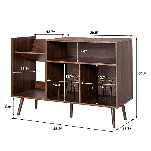 Large Record Player Stand, Mid-Century Vinyl Record Storage Table with Wood Legs and Record Storage, Modern Turntable Stand Holds Up to 300 Albums for Studio, Living Room, Bedroom (Walnut) ORRD