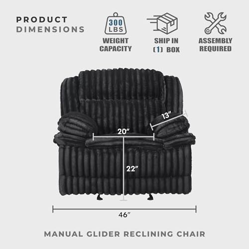 Lexicon Manual Glider Recliner Chair, Corduroy Manual Tab Pull Reclining Chair with Pillow Top Arms, Plush Cushions, Cozy Theater-Style Accent for Living Room/Bedroom, Easy Assembly, Black