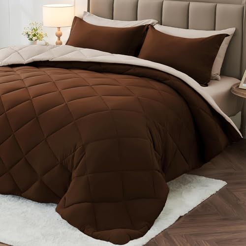 MUXHOMO 7 Pieces Full Comforter Set, Reversible Bed in a Bag Full Size, All Season Bedding Set with Comforter, Flat Sheet, Fitted Sheet, Pillowcases & Shams, Brown & Khaki