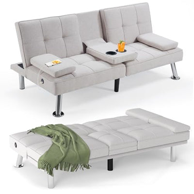 HAOMARKETS Futon Sofa Bed with USB Charging Port, Convertible Futon Couch with 2 Cup Holders,Modern Folding Loveseat Sleeper Couches for Small Spaces, Living Room, White