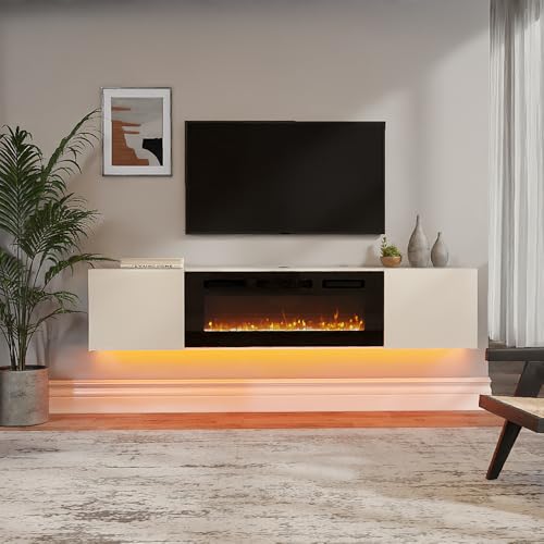 WAMPAT Modern Floating TV Stand with Electric Fireplace, Media Console for TVs up to 80", Wooden Entertainment Center with 36" Fireplace, TV Shelf Cabinet for Living Room or Bedroom, Yellow Light WAMPAT