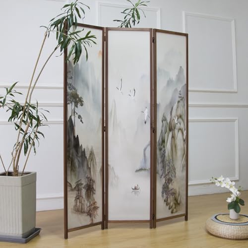 Furnnylane 3 Panel Room Divider Screen,Double Faced Room Divider Folding Wall Divider for Room Separation,Mountains and Waters Landscape,67" H x 47.2" W Furnnylane