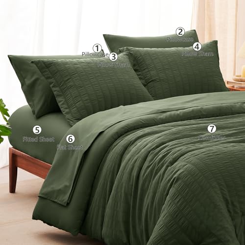 CozyLux Full Size Comforter Sets with Sheets Seersucker 7 Pieces Olive Green Bed in a Bag Textured Luxury Soft Bedding Set with Down Alternative Comforter, Sheets, Pillowcases & Shams for All Seasons CozyLux