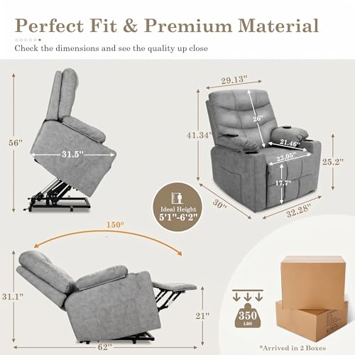 Electric Power Lift Recliner Chair for Elderly, Lift Recliner Chair with Massage and Lumbar Heat, 150° Reclining Chair with Cup Holders, Side Pockets and Remote Control, Ideal for Living Room (Grey)