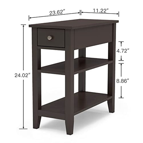 ChooChoo Side Table Living Room, Narrow End Table with Drawer and Shelf, 3-Tier Sofa End Table for Small Space, Espresso ChooChoo