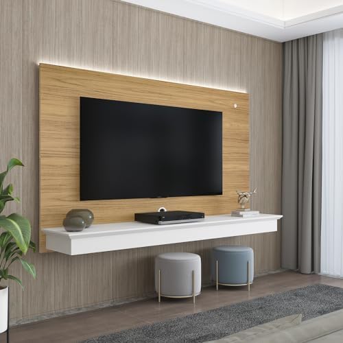 Naomi Home Deborah Floating Entertainment Center for up to 55 inch TVs, TV Wall Panel with LED Strip and Shelf, Floating TV Stand, Natural,White Naomi Home