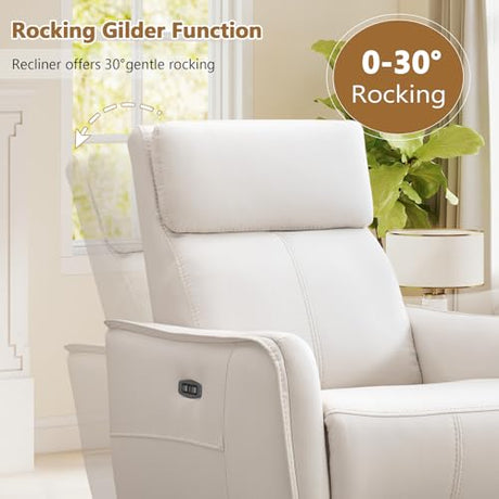 HAOMARKETS Electric Swivel Rocker Recliner Chair, Power Faux Leather Glider Rocking Recliners for Adults,360° Swivel Nursery Reclining Sofa with USB Charging Port, White HAOMARKETS