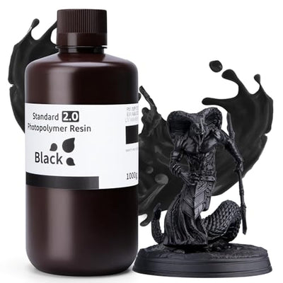 ELEGOO Upgraded Standard 3D Printer Resin 2.0, High Precision, Low Odor, Higher Toughness, 405nm UV Curing Photopolymer Resin for Mars Saturn MSLA DLP LCD 3D Printing (Black 1000g)