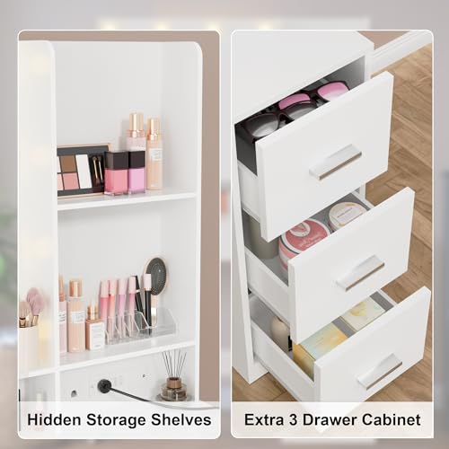 Furmax Vanity Desk with LED Lighted Mirror&Power Outlet, 39.3’’ Makeup Vanity Table with 4 Drawers and 3 Storage Shelves, Adjustable 3 Lighting Color for Bedroom&Dressing Room (White) Furmax