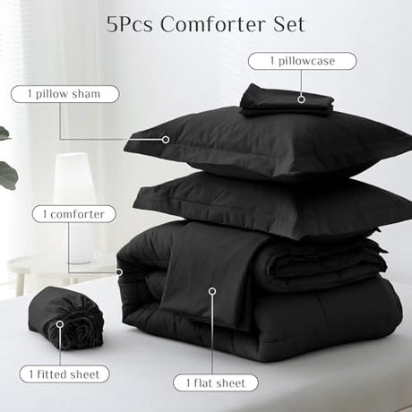 JOLLYVOGUE Twin Comforter Set, Ultra-Soft Bed in a Bag Twin Size 5 Pieces, Oeko-TEX Certified Bedding Set with Down Alternative Comforter, Sheets, Pillowcases & Shams, Black JOLLYVOGUE