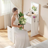 VOWNER 3-in-1 Vanity Desk with Flip Top LED Light Mirror and Glass Desktop, Small Makeup Vanity with 3 Drawers, Compact Dressing Table with Stool for Bedroom, White 19" L VOWNER