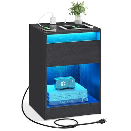 VASAGLE Nightstand with Charging Station, Side End Adjustable LED Lights, Bedside Table with Drawer 2 AC Outlets, 2 USB Ports, Modern, for Bedroom, 13.7" D x 15.7" W x 21.7" H, Black VASAGLE