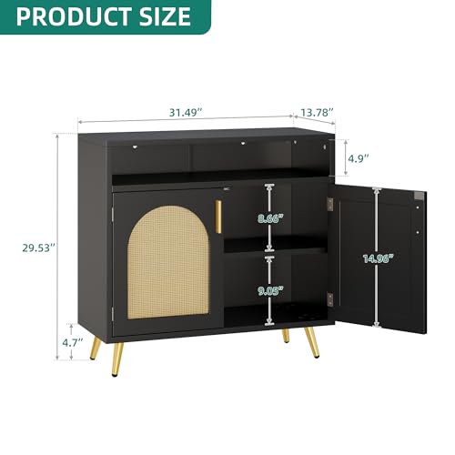DWVO Buffet Sideboard Cabinet, Rattan Accent Storage Cabinet with Natural Rattan Doors, Modern Coffee Bar Cabinet with Adjustable Shelves 200 lbs Capacity for Kitchen, Living Room and Hallway, Black DWVO