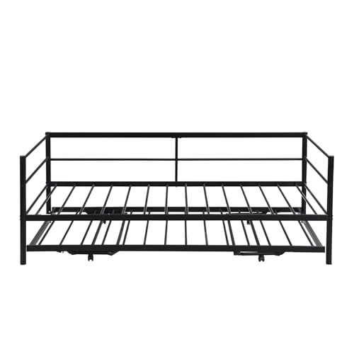 Nahenduo Twin Size Daybed with Pop up Trundle & Adjustable LED Lights, Futon Frame Bed, Metal Sofa Bed Frame for Living Room Bedroom Guest Room, Small Space, No Box Spring Needed (Black) Nahenduo