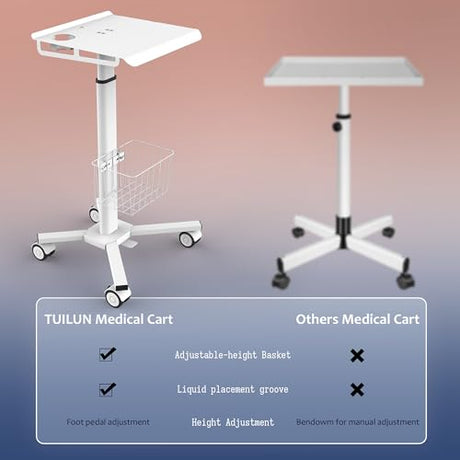 TUILUN Adjustable Height Portable Laptop Desk with Wheels,White Computer Cart on Wheels,Standing Mobile Desk Workstation, Utility Medical Cart TUILUN