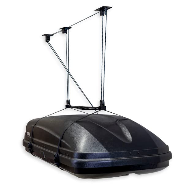 Teal Triangle Ceiling Storage Hoist for Cargo Box - Heavy Duty Garage Storage Lift - Garage Pulley Lift System Holds 150 lbs and Fits 8-10 ft Tall Garage Ceilings Teal Triangle