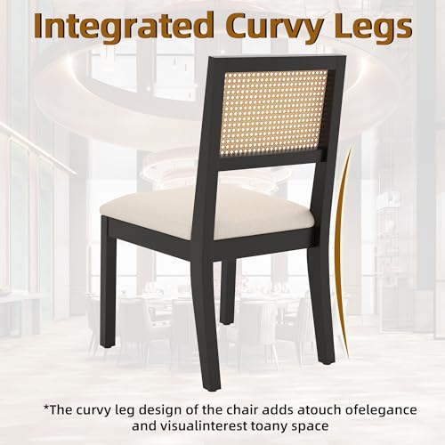 Westice Rattan Dining Chairs Set of 6, Farmhouse Natural Dining Room Chairs with Upholstered Cushion, Wood Armless Chairs for Kitchen/Restaurant, Black Westice