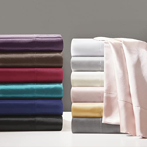 Madison Park Essentials Satin Sheet Set Luxury and Silky with Natural Sheen, Elastic 14" Pocket fits up to 16" Mattress, All Around Elastic - Year-Round Bedding, Full, Ivory, 6 Piece Madison Park