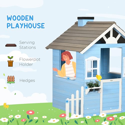 Outsunny Playhouse for Kids Outdoor, Country Style Wooden Playhouse with Flower Pot Holders, Working Door, Windows, Service Stations for 3-7 Years, Outsunny